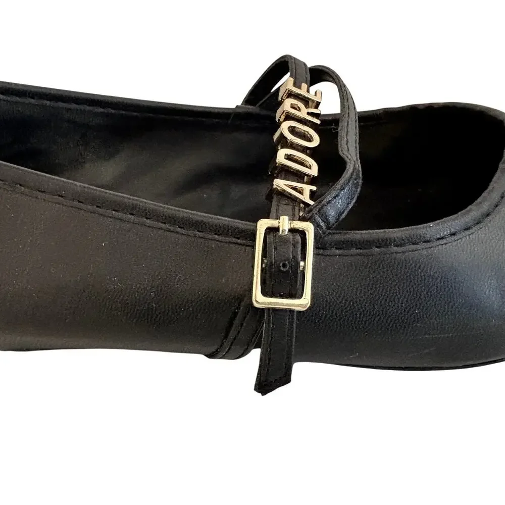 Charles & Keith Faux Black Leather ADORE Charm Mary Jane Ballet Flats Shoes Glam